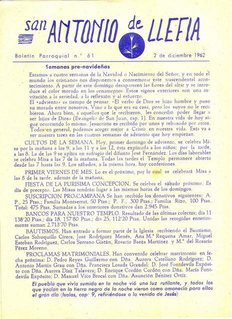 1962 Boletin parroquial nÃºm 61