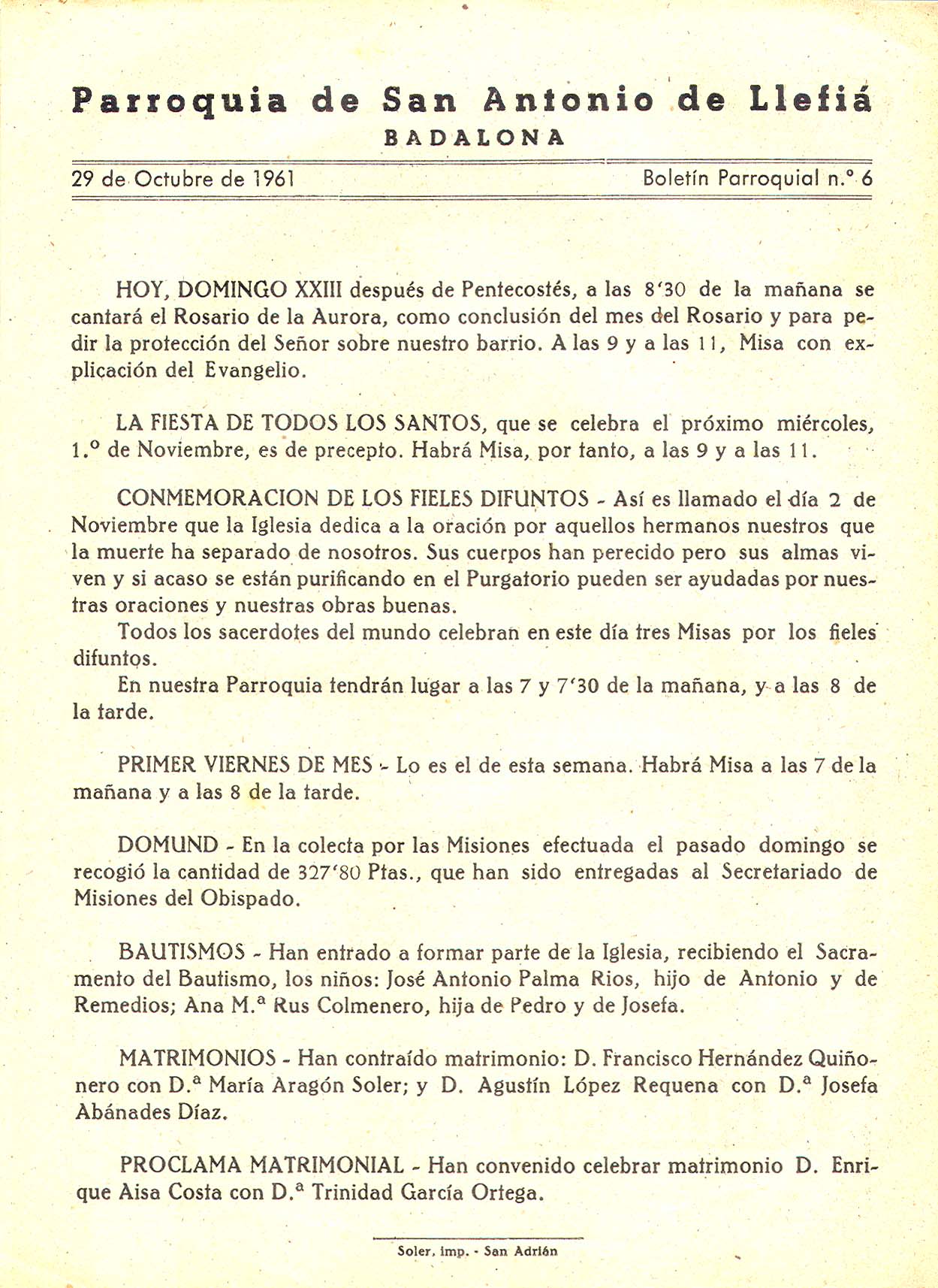 1961 Boletin parroquial nÃºm 06