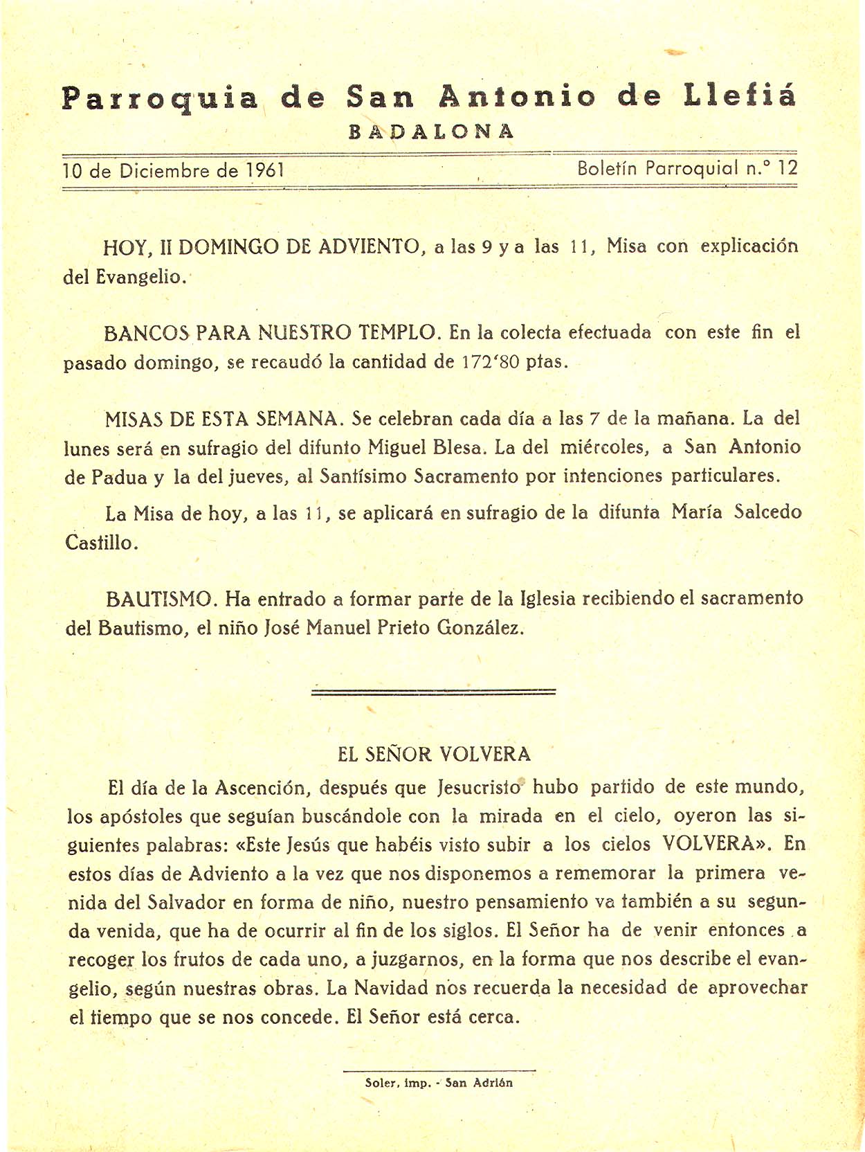 1961 Boletin parroquial nÃºm 12