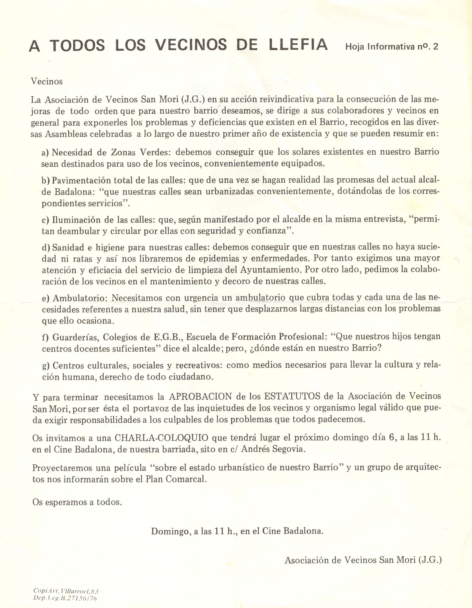 1976 Full informatiu núm. 2 AV Sant Mori de Llefià