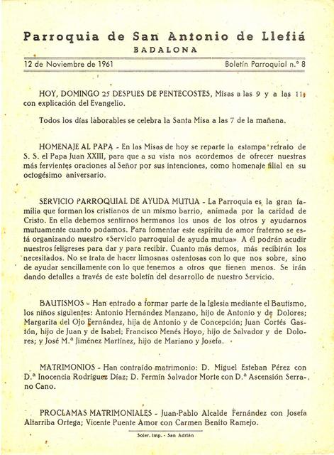 1961 Boletin parroquial nÃºm 08