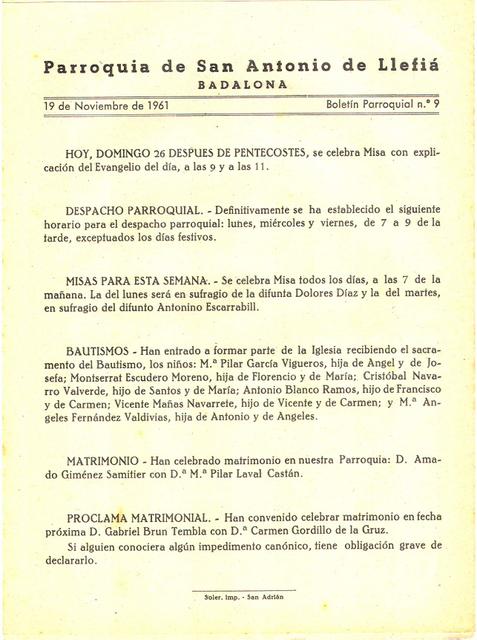 1961 Boletin parroquial nÃºm 09