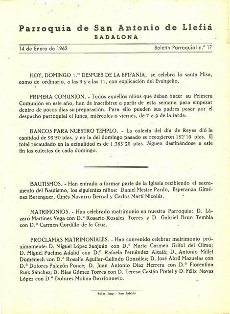 1962 Boletin parroquial nÃºm 17