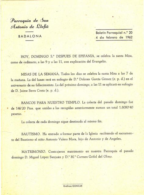 1962 Boletin parroquial nÃºm 20