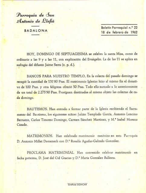 1962 Boletin parroquial nÃºm 22