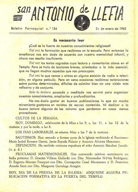 1965 Boletin parroquial nÃºm 134